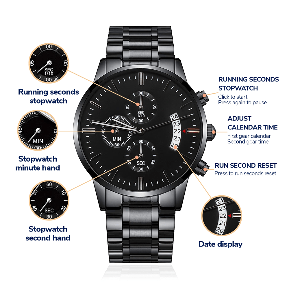 Black Chronograph Wrist Watch w/2 lines of Personalization