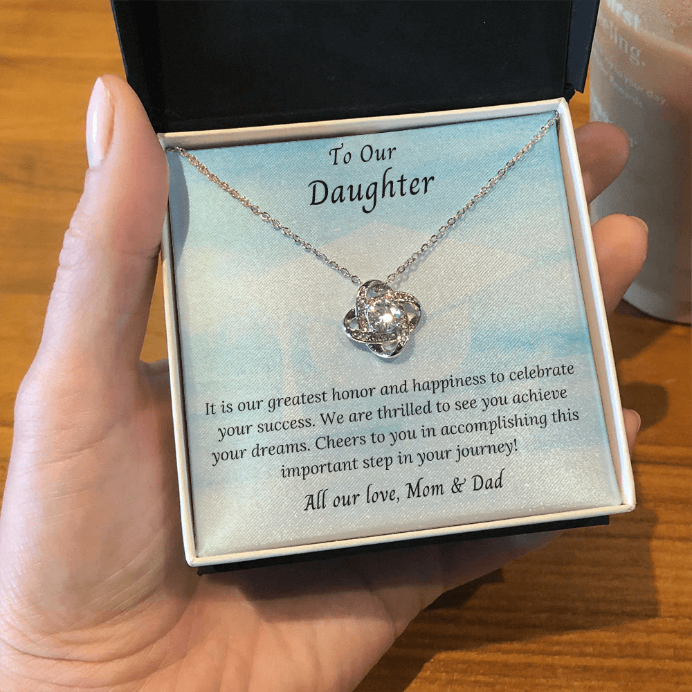 It is our greatest honor and happiness Daughter From Mom & Dad- Love Knot Necklace Sky Blue