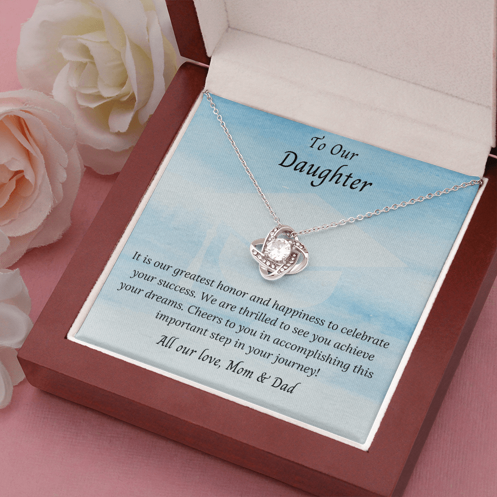 It is our greatest honor and happiness Daughter From Mom & Dad- Love Knot Necklace Sky Blue